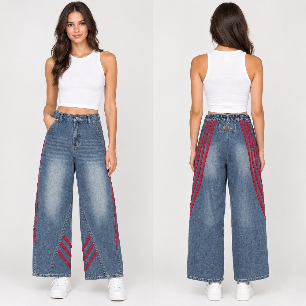 Y2K Streetwear Grunge Fairycore Red Ruffle Trim Wide Leg Denim Jeans Medium Wash